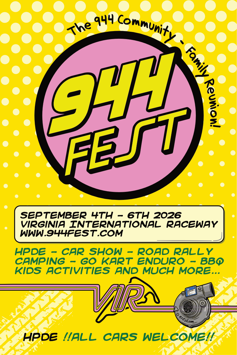 944Fest 2026 event poster - September 4-6 at Virginia International Raceway featuring HPDE track time, car show, and community gathering